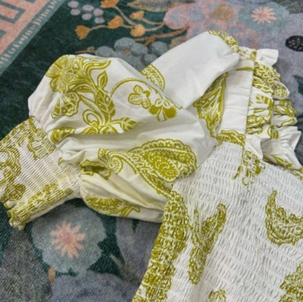 Alter State Paisley Green and White Puff Sleeve Smock Dress - Picture 4 of 5